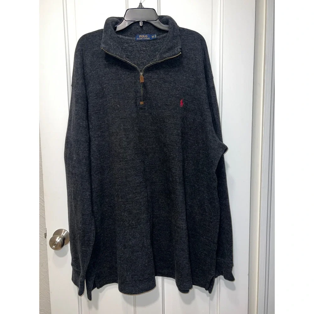 Polo Ralph Lauren Mens 2XLT Charcoal Gray Heather Cotton Quarter Zip Pullover